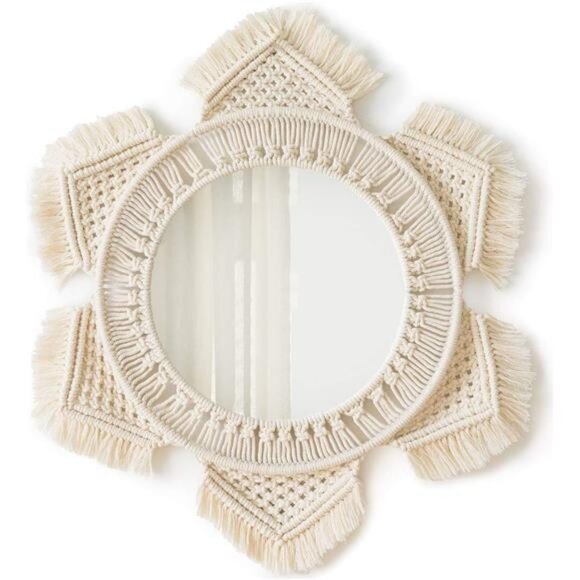 Boho Wall Mirror Decor Round Macrame Hanging Wall Art Decoration for Bedroom - Picture 1 of 7